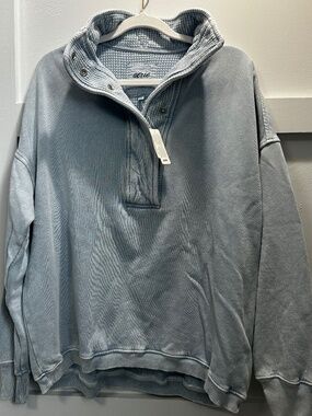 Aerie Getaway Quarter Snap Oversized Pullover Denim Look Blue Mineral Wash Xs
